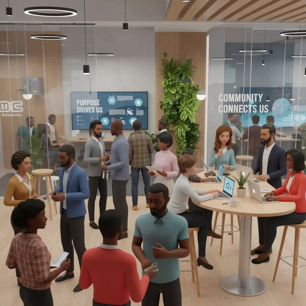 First-gen professionals at wooden table working on laptops for purpose-driven careers