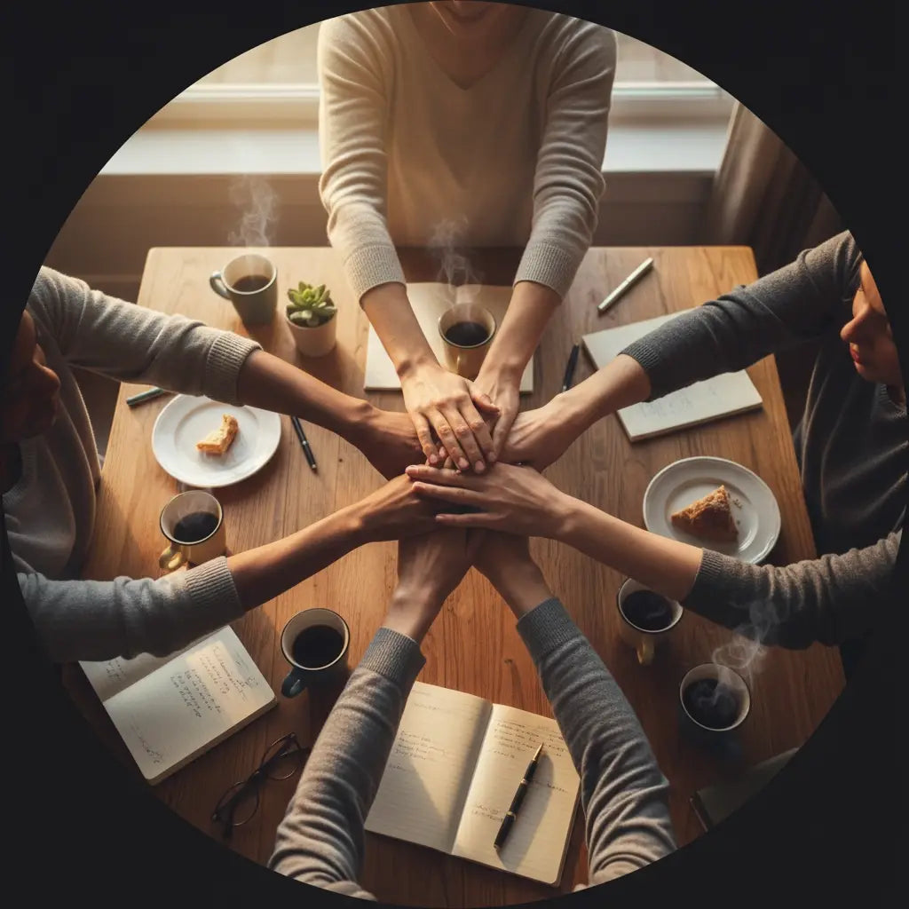 Wooden table with books and coffee for practical shift from toxic hustle