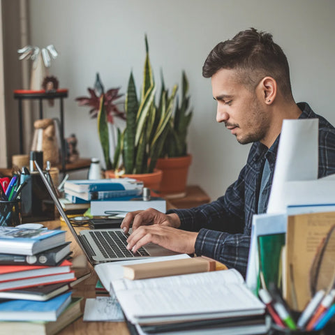 Individual exemplifying Christian work ethic at a desk with books and study materials.