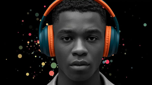A young person wearing colorful headphones.