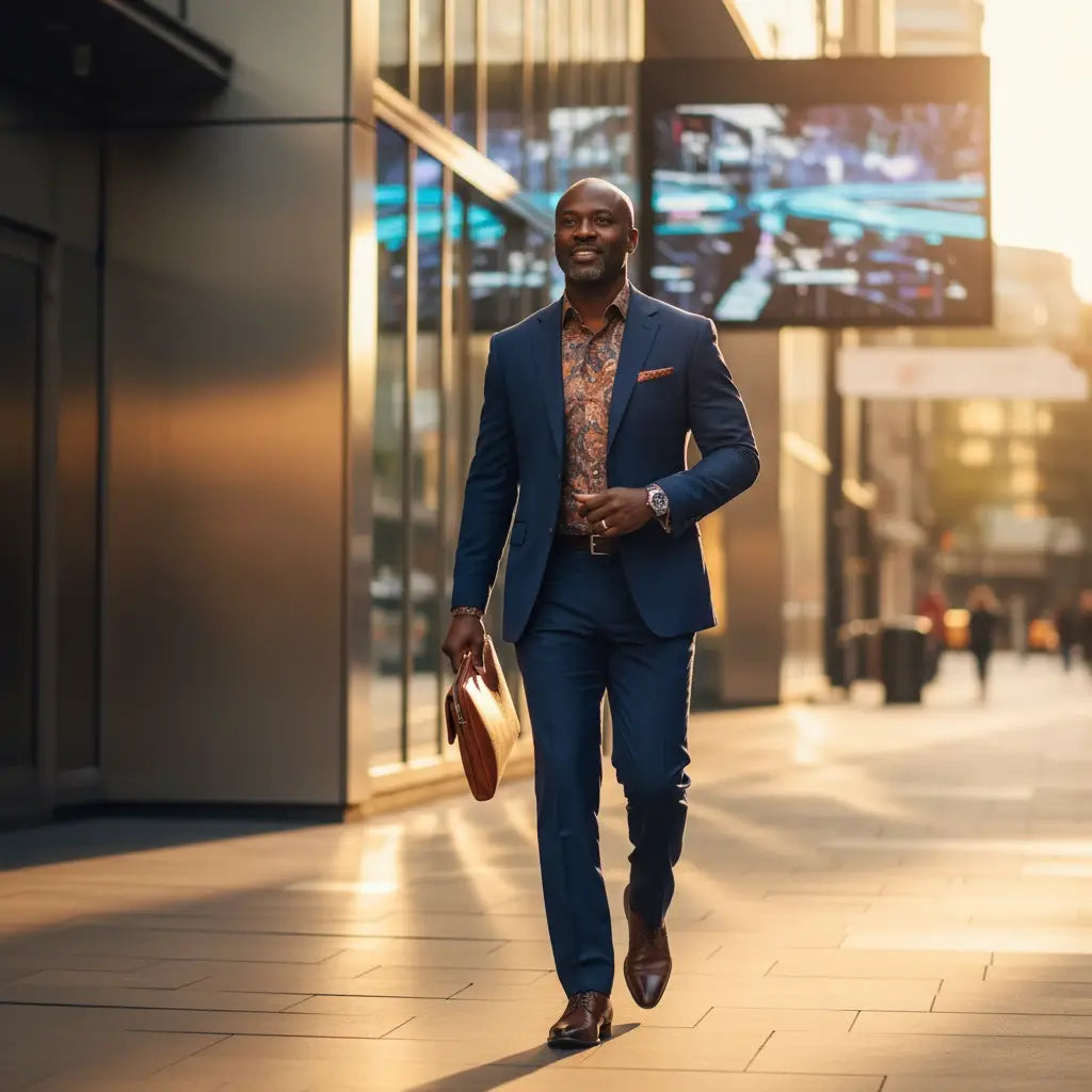 Man in blue suit jacket, floral shirt, brown shoes, guided by biblical wisdom and Holy Spirit