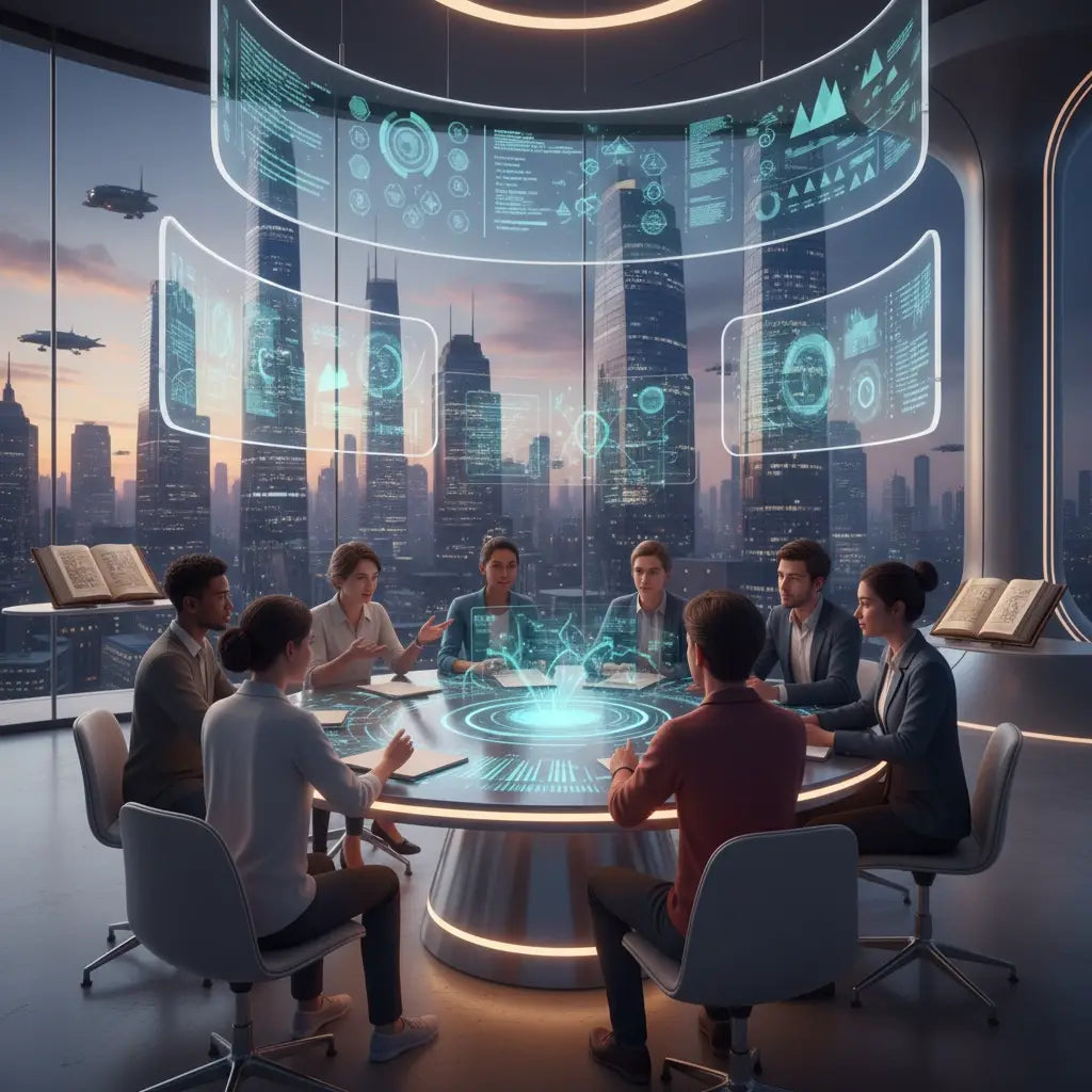 Futuristic holographic round glass table in leadership development coaching